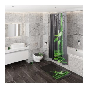 Badezimmer-Set mit Bambus-Motiv: Duschvorhang, Badematte, WC-Sitz und Sanilo Seifenspender.