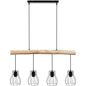 Tectake Pendelleuchte Woody, 4-flammig, Industrial Style, mit Holzbalken und schwarzen Lampenschirmen.