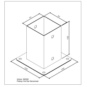 Feuerverzinkte Aufschraubhülse 150x91x91 mm für 90 mm Pfosten, ideal für den Außenbereich.
