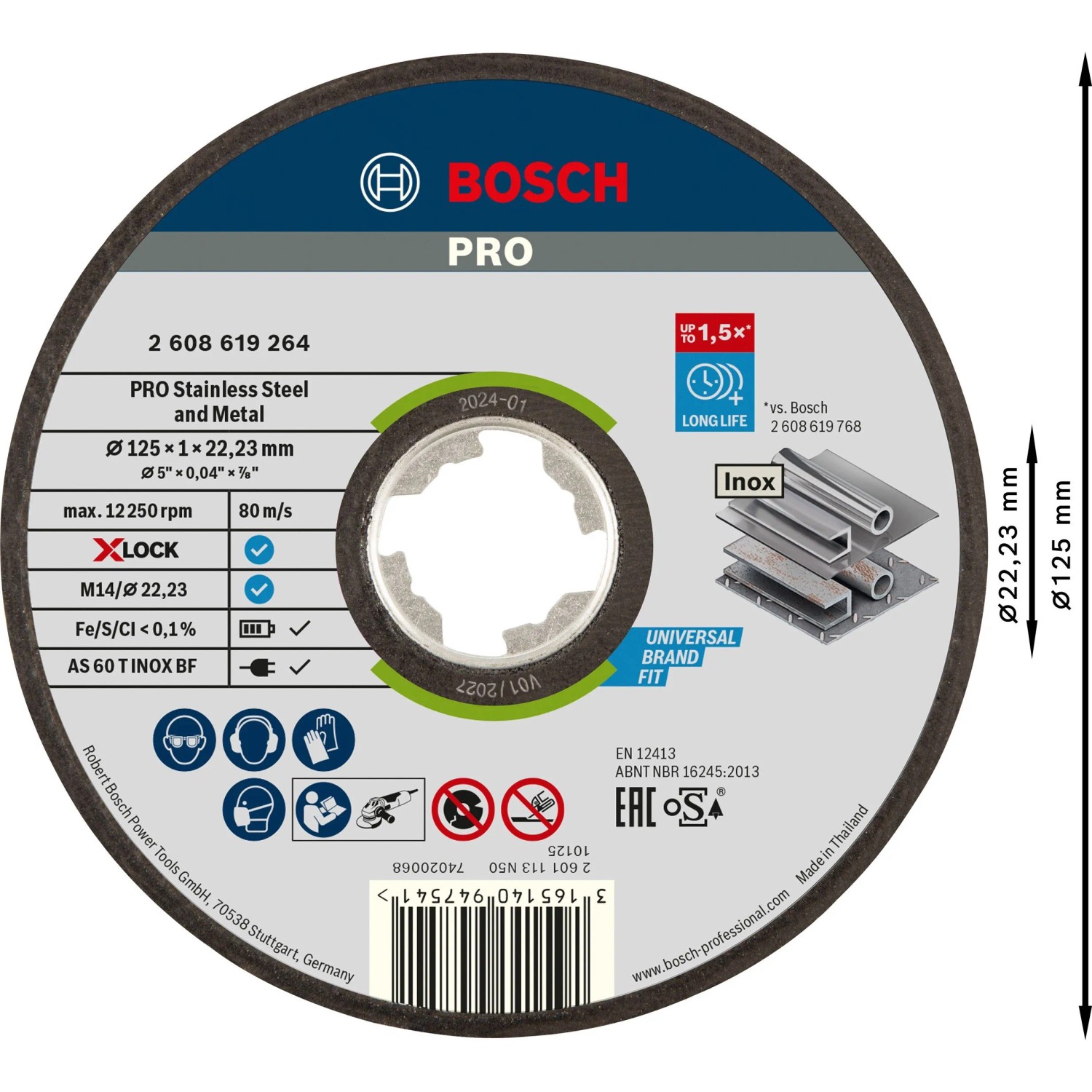 Bosch X-Lock Trennscheibe 125 mm für Inox und Metall. Dunkle Scheibe mit Bosch Logo, X-Lock System. Zubehör Winkelschleifer.