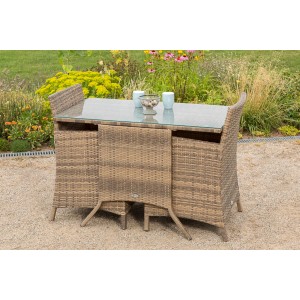 Merxx Treviso Gartenmöbel-Set, 5-teilig: Tisch mit Glasplatte und zwei Sessel aus Kunststoffgeflecht.