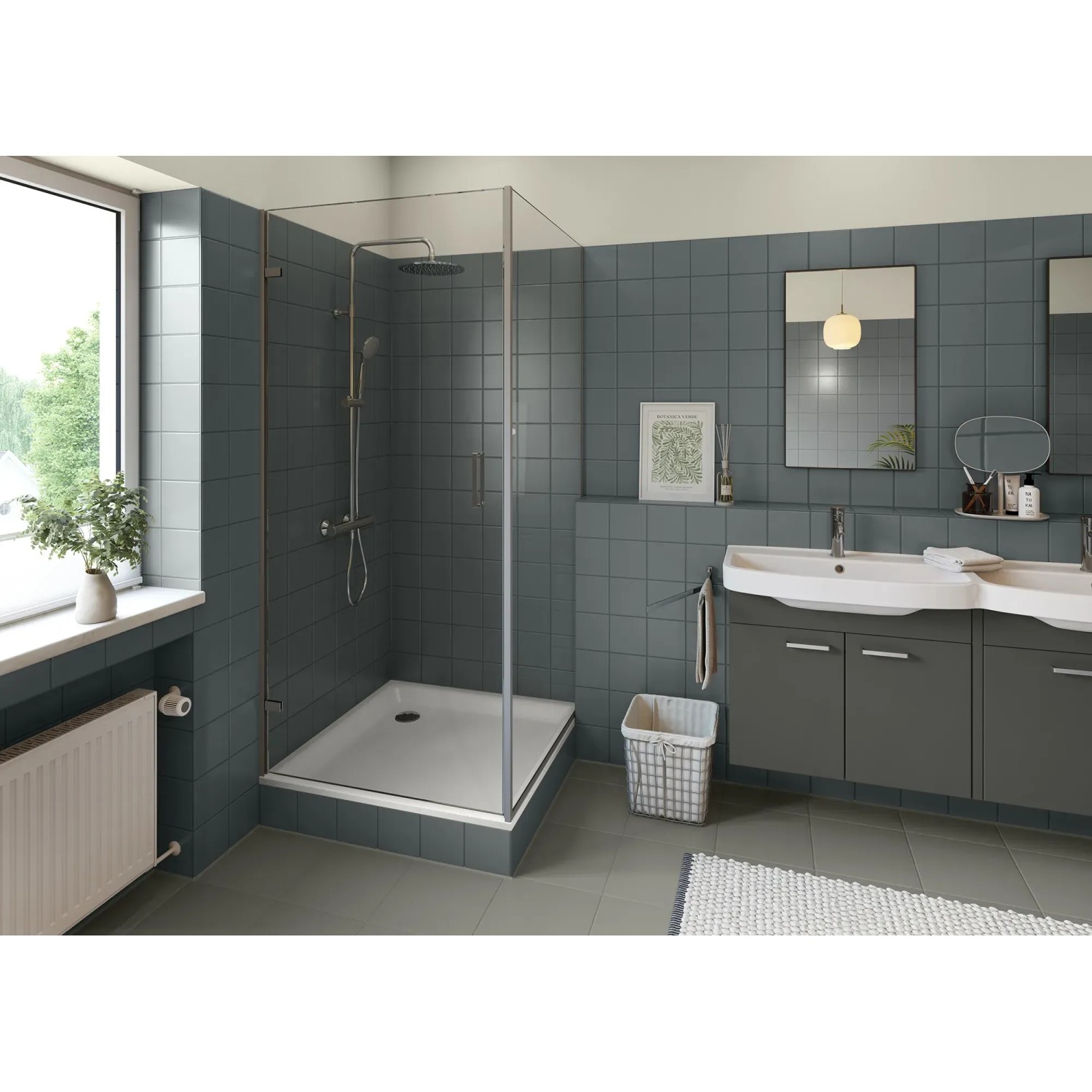 Badezimmer mit schieferfarbenen Fliesen, lackiert mit Alpina Fliesen-Lack Bad & Küche.