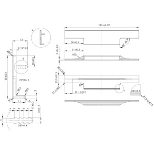 Technische Zeichnung der Furnipart Griffleiste Trim 195 mm aus Aluminium in Edelstahl-Effekt mit Einbaumaßen.