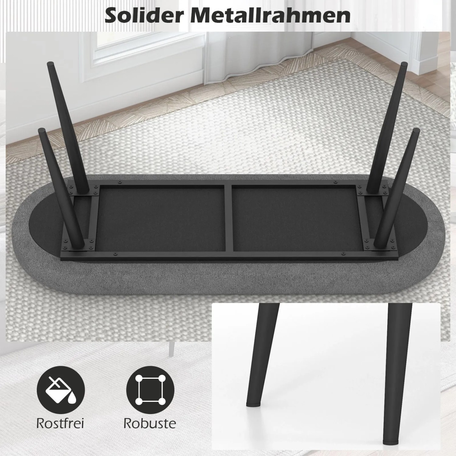 Graue Polsterbank Unterseite: stabiler schwarzer Metallrahmen, robuste Metallbeine. Rostfrei, für Schuhschränke.