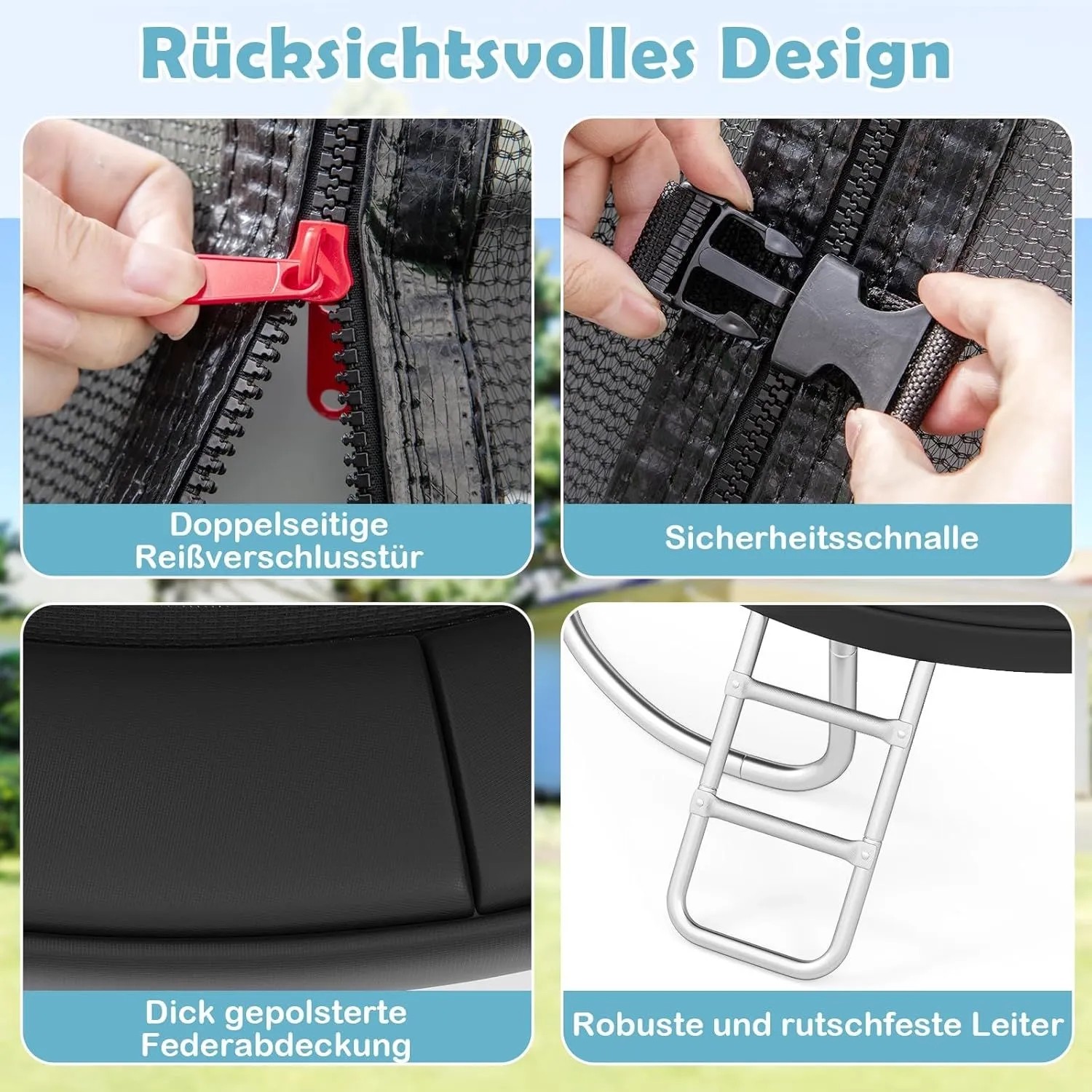 Details des Costway Trampolins Ø366 cm: Reißverschluss, Schnalle, Federabdeckung und Leiter.