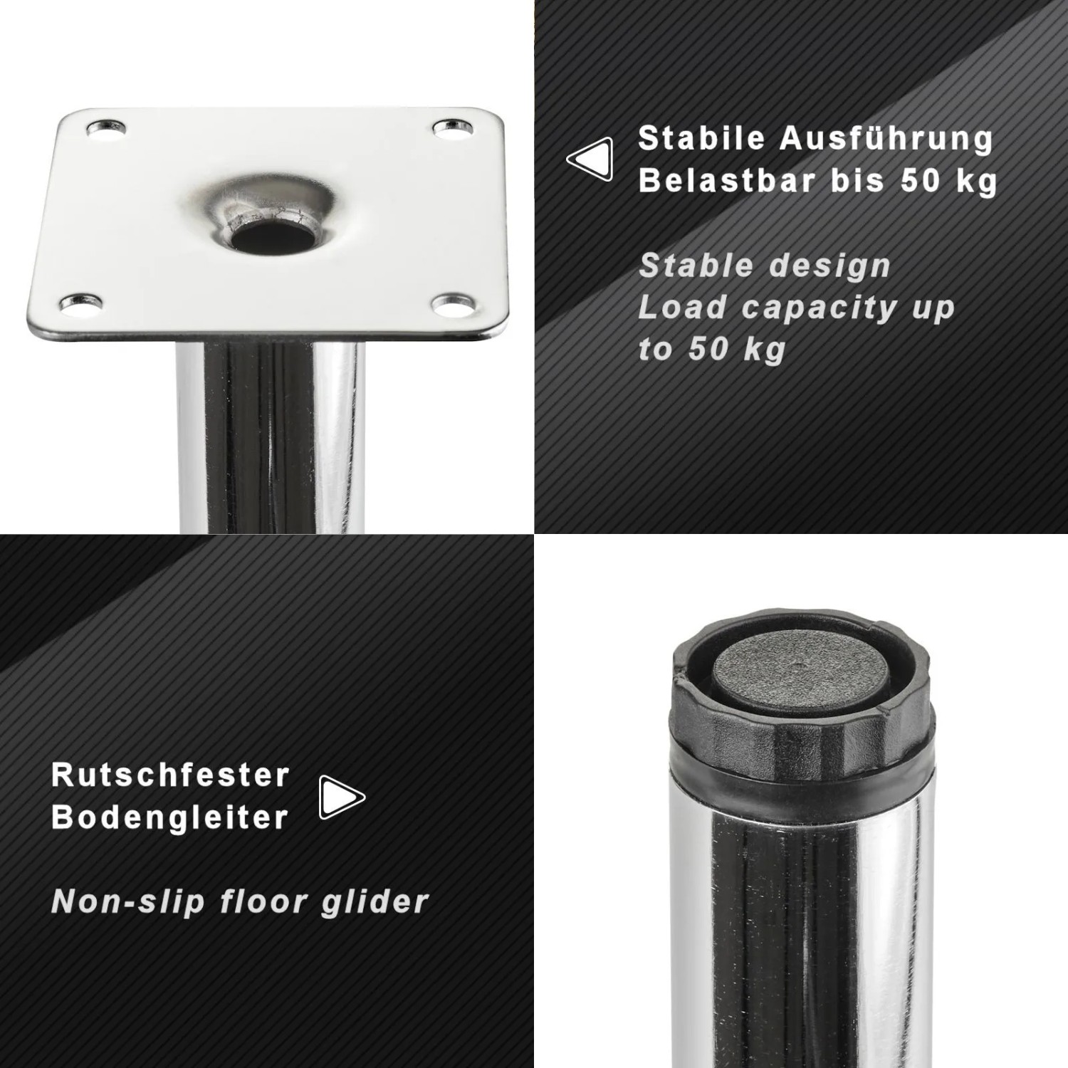 SOTECH Möbelfuß LIMA, Chrom poliert, mit Montageplatte und rutschfestem Bodengleiter. Belastbar bis 50 kg.