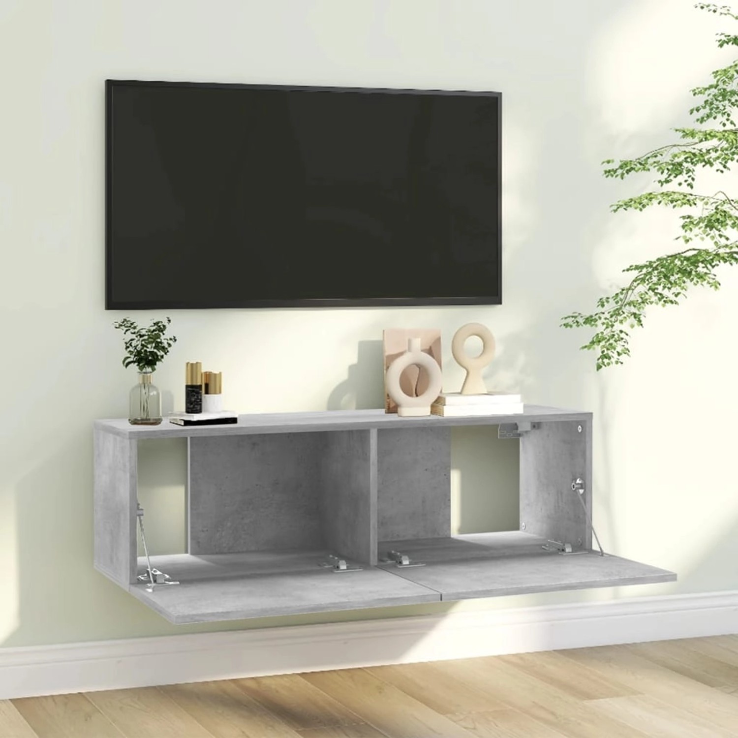 Betongrauer VidaXL TV-Schrank (100x30x30 cm) aus Holzwerkstoff, hängend mit zwei Fächern und Klapptüren.