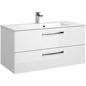 Pelipal Waschbeckenunterschrank Trentino, weiß hochglanz, 105 cm breit, mit zwei Schubladen und chromfarbenen Griffen.