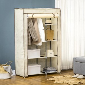 HOMCOM Kleiderschrank mit 6 Fächern und Kleiderstange, creme, teilweise geöffnet und befüllt.