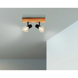 Eglo Townshend 3 Spotleuchte, 2-flammig, schwarz-braun, aus Stahl und Holz.