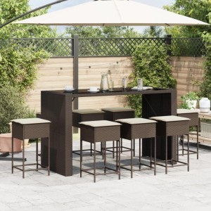 Braunes 9-tlg. vidaXL Gartenbar-Set aus Polyrattan mit Tisch, 8 Hockern und Kissen.