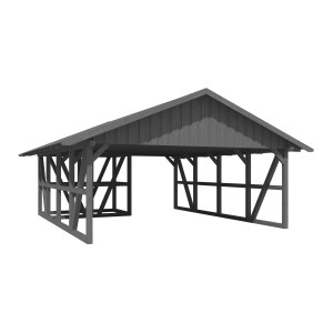 Grauer Skan Holz Carport Schwarzwald mit Dachschalung und Abstellraum.
