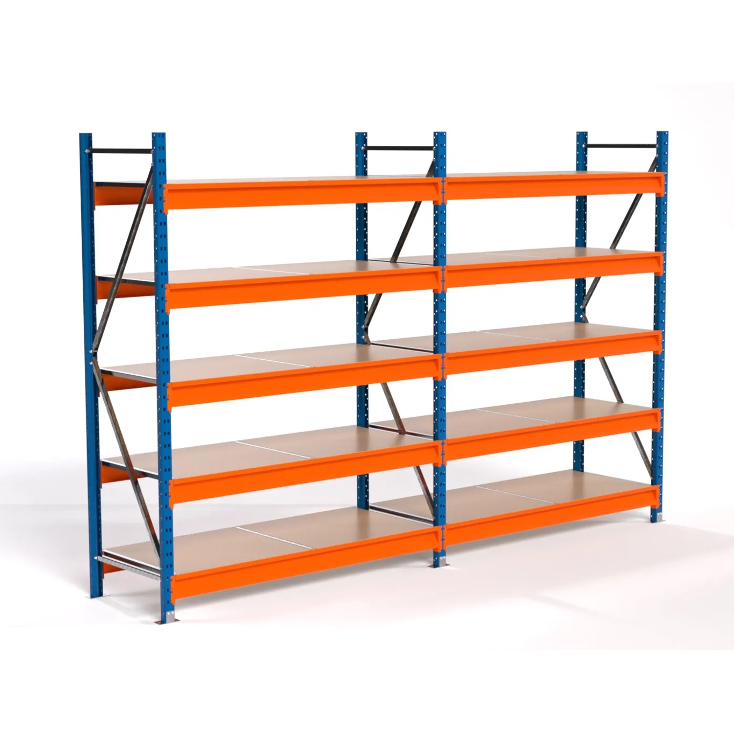 PROREGAL Industrie Weitspannregal Lagerregal MAXIMUS PRO Komplettregal 2 Felder HxBxT 200x300x60cm 5 Spanplatten-Fachboden Fachlast 850kg Blau/Orange