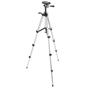 Silbernes Aluminium Stativ TT 110 für Nivelliergeräte. Verstellbare Höhe, schwarze Details, stabiler Stand.