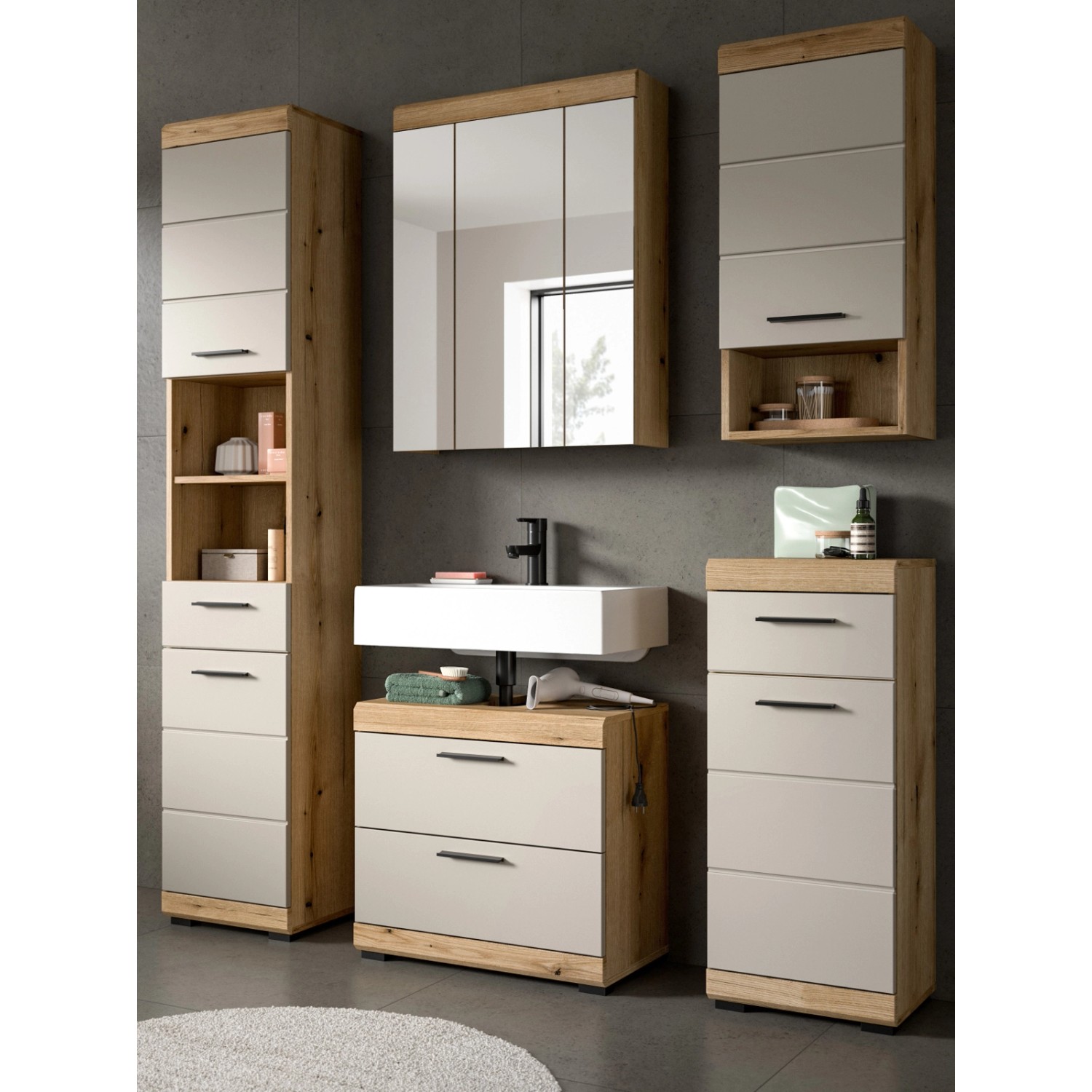 Inn.Furn Badmöbel Set in Sand und Eiche 5-teilig 164 cm Shawn günstig online kaufen