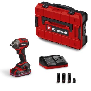 Einhell Akku-Schlagschrauber TP-CW 18/350-C BL mit Akku, Ladegerät, Systemkoffer und Stecknüssen.