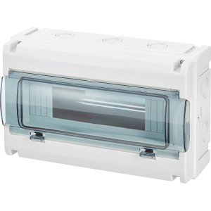 Aufputz Kleinverteiler mit transparenter Tür, 12 TE, 17x28x10,6cm, für Elektroinstallationen.