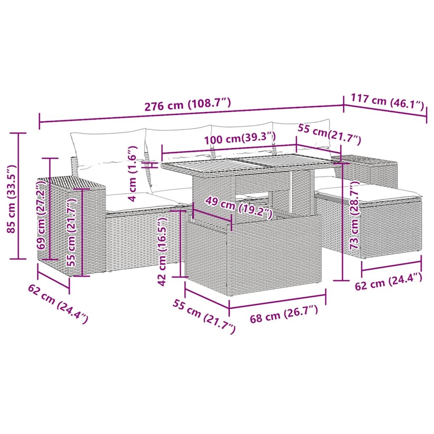 vidaXL 6-tlg. Garten-Sofagarnitur aus Poly Rattan (schwarz) mit Tisch, Sofas, Hocker und Kissen.