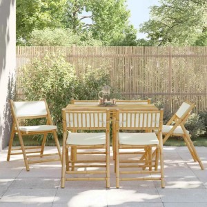 vidaXL Bistrostühle, 6 Stk., klappbar, Bambus mit cremeweißen Kissen für Garten oder Terrasse.