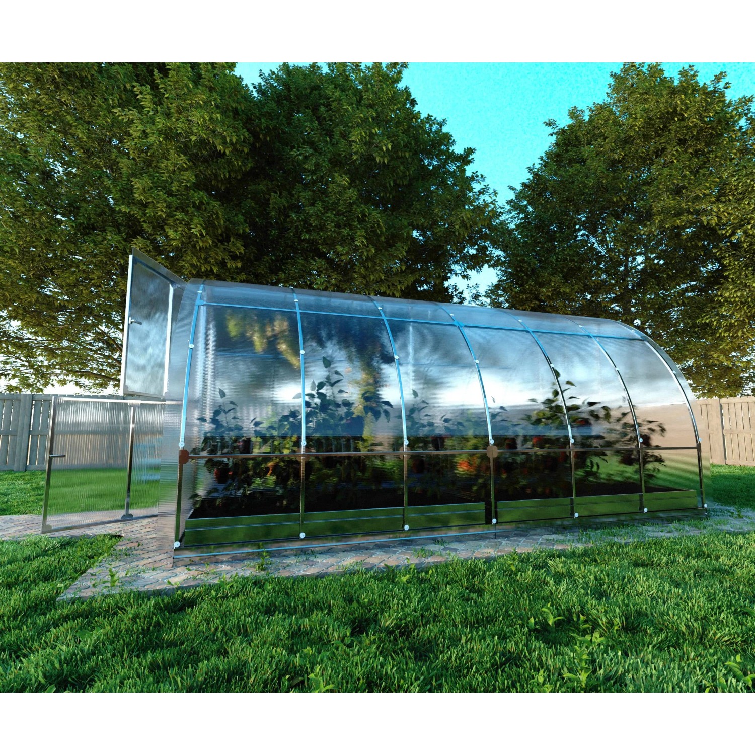 Klasika Gewächshaus 12m² mit Polycarbonat-Abdeckung im Garten.