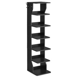 Schwarzes Songmics Schuhregal Island mit 7 Ebenen und Haken, ideal für kleine Räume.