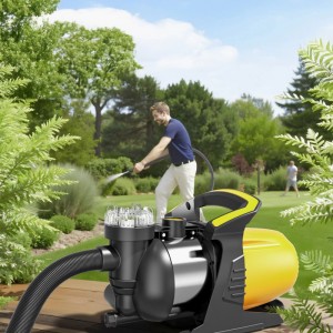 Wiltec Gartenpumpe 1200W Edelstahl auf Holzdeck, Mann bewässert Garten. Leistungsstarke Wasserpumpe für Haus & Garten.