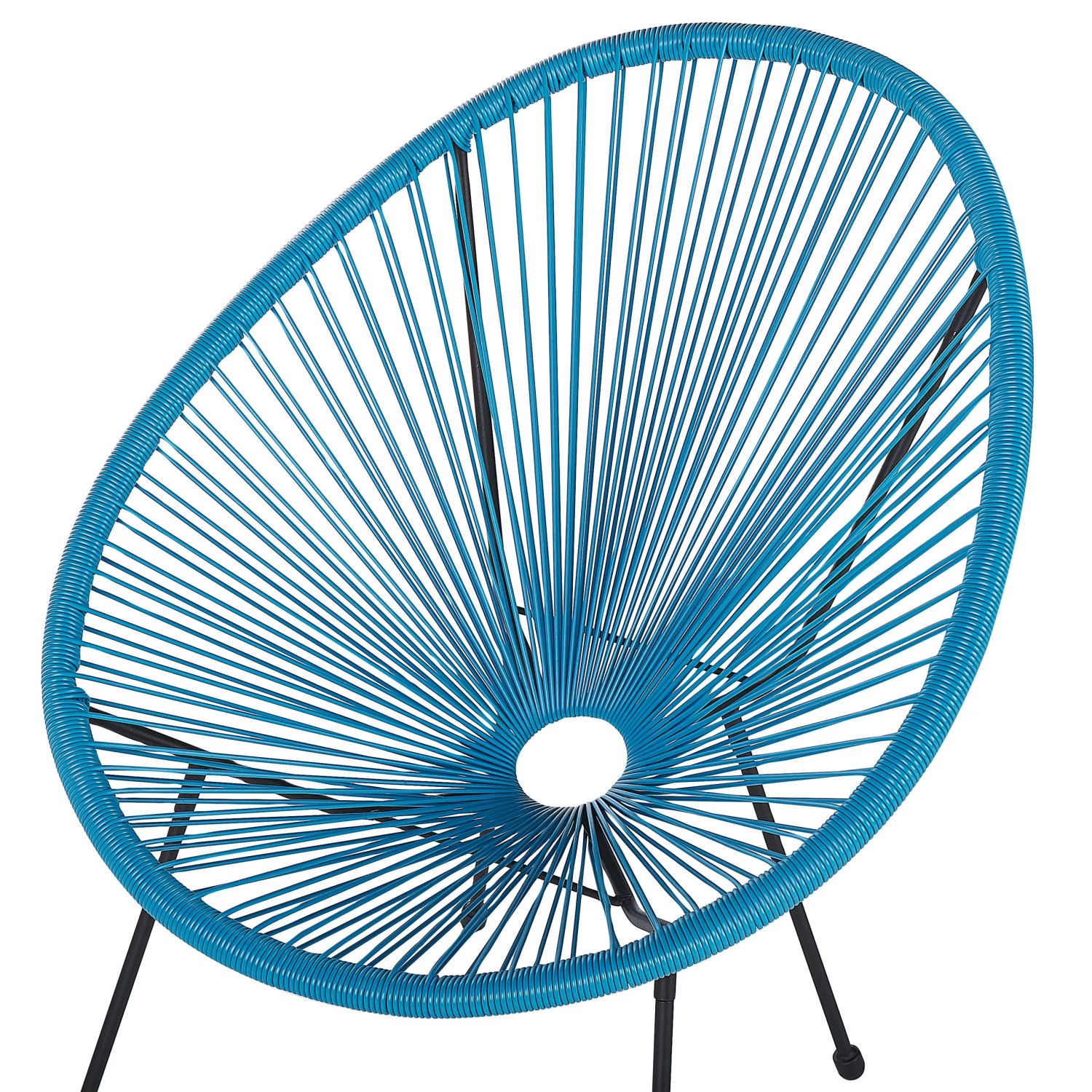 Blauer Cocktailsessel mit schwarzem Stahlgestell, ideal für Garten und Terrasse.