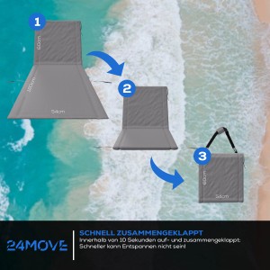 Graue 24MOVE Strandmatte, klappbar mit Rückenlehne und Tasche, in drei Schritten zusammengefaltet.