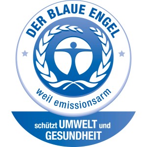 Blauer Engel Siegel für emissionsarme Alpina Farbenfreunde Wandfarbe, schützt Umwelt und Gesundheit.