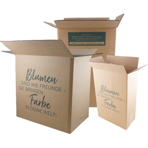 Versandkartons für GROW by OBI Pflanzen. Kartons mit Aufdruck: Blumen sind wie Freunde - Sie bringen Farbe in deine Welt!