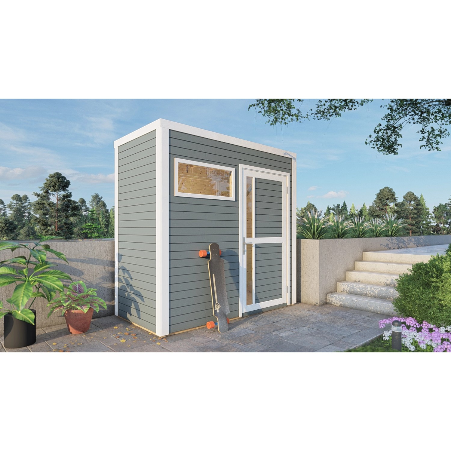 Modernes, hellgraues Bertilo Holz-Gartenhaus Cubus 1 mit Fenster und Tür. Weekendhaus aus FSC®-zertifiziertem Holz.