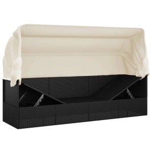 Schwarzes Outdoor-Loungebett mit Dach und Kissen, Poly Rattan, 203x58x56 cm.