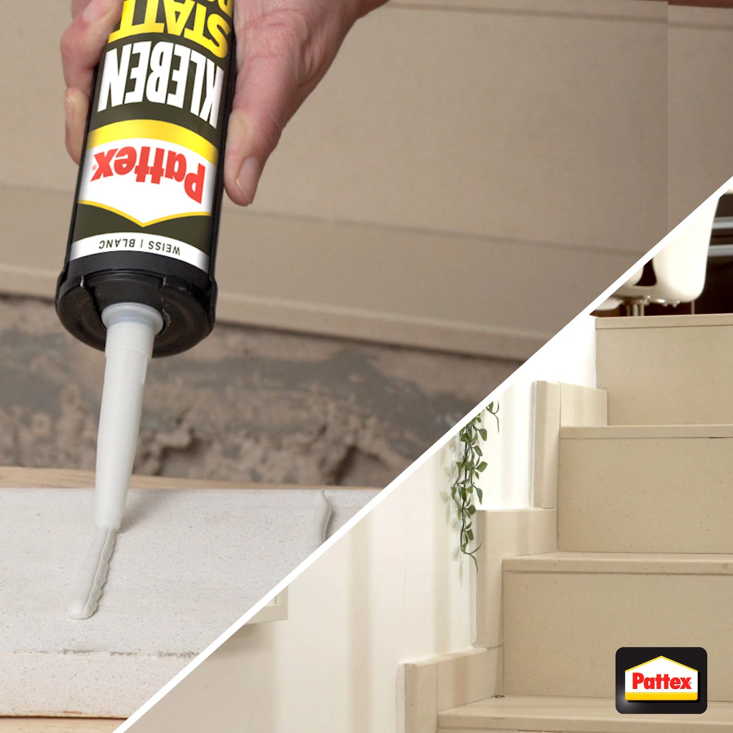 Anwendung von Pattex Montagekleber Kleben statt Bohren Express, 390g Kartusche, Weiß.