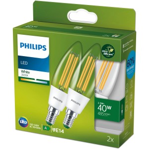 2er-Pack Philips LED-Kerzen E14, 2,3W, warmweiß (3000K).