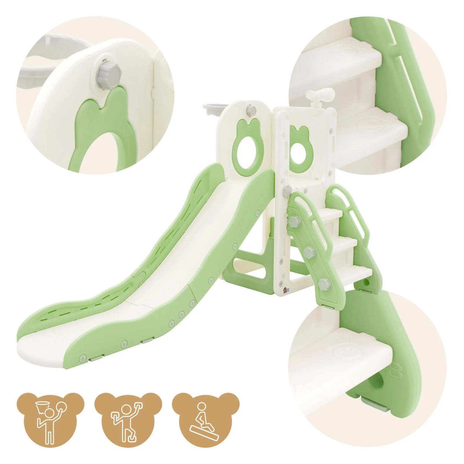 Grüne Joyz 3in1 Kinderrutsche mit Spielturm und Basketballkorb aus Kunststoff.