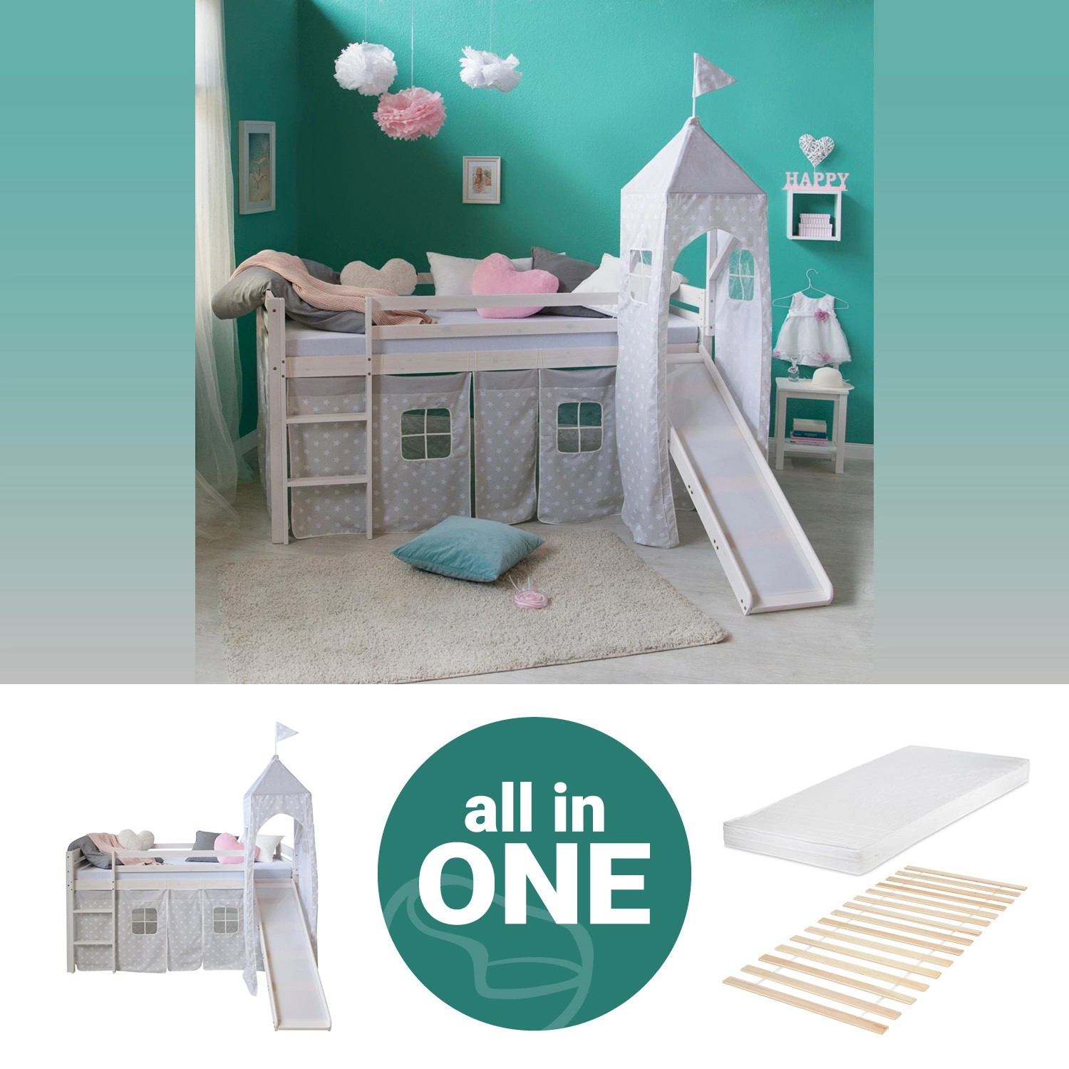 Homestyle4u Kinderhochbett 90x200 Weiß mit Lattenrost und Matratze 2774 günstig online kaufen