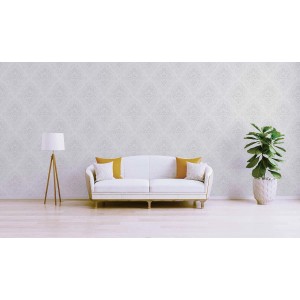 Wohnraum mit grauer Barock Tapete Samuel von Tadessi, Vliestapete mit Ornament Muster.