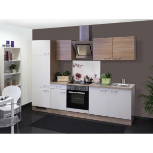 Moderne Küchenzeile Florida 270 cm in Sonoma Eiche-Weiß Optik mit E-Geräten.