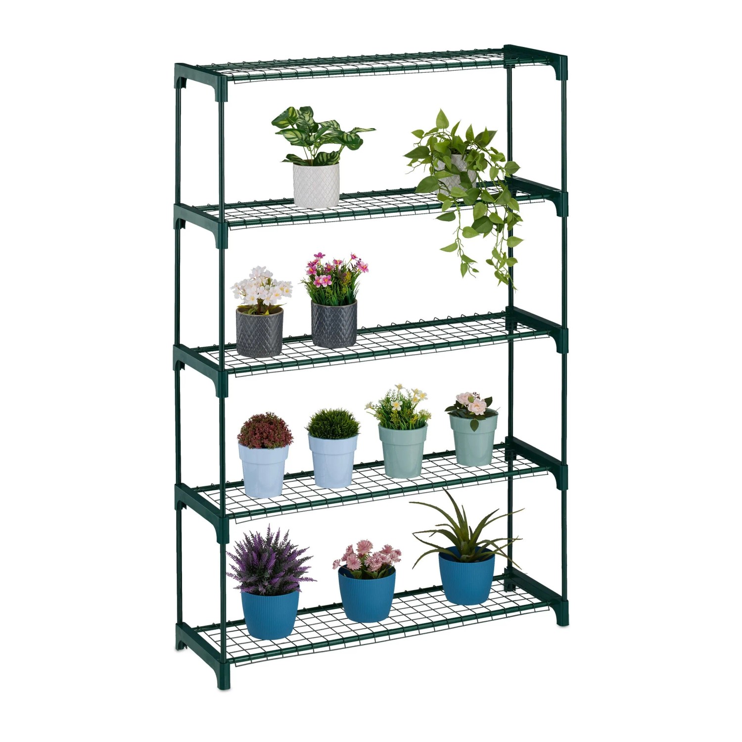 Relaxdays Pflanzenregal Stahl Kunststoff Grün 5 Ablagen Stecksystem Erweiterbar 139 cm x 91 cm x 28,5 cm 3,6 kg