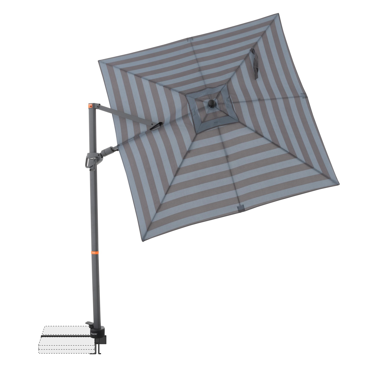 Quadratischer Doppler Ampelschirm myZone AX 210x210 cm mit blau-grauen Blockstreifen und stabilem Standfuß.