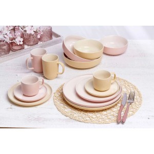 18-teiliges Frühstücks-Set Jasper von Ritzenhoff & Breker in Rosa- und Beigetönen, bestehend aus Tassen, Schalen und Tellern.
