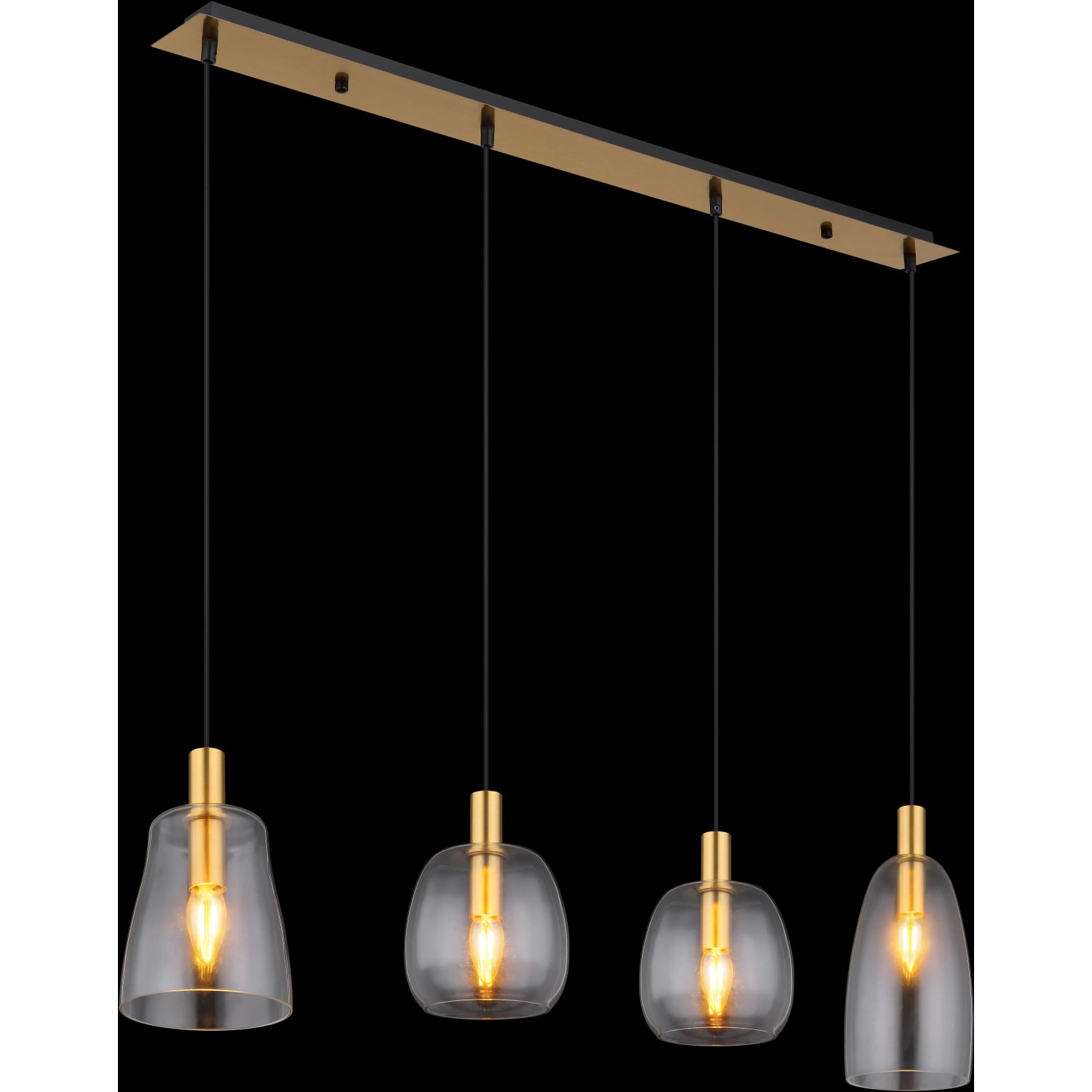 Moderne Globo Pendelleuchte mit 4 klaren Glasschirmen und Messingdetails. Elegante Hängeleuchte für Wohnräume.