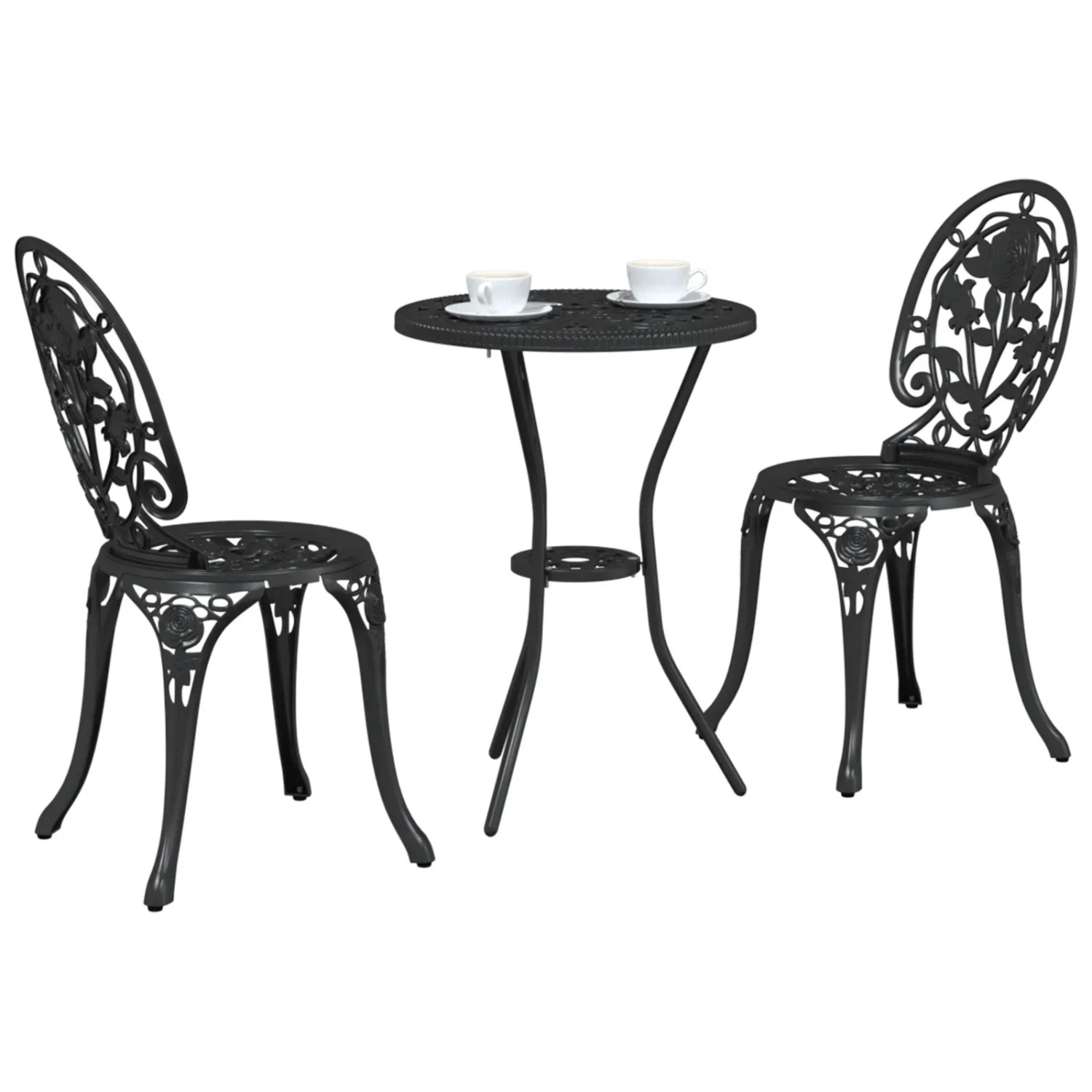Schwarzes 3-teiliges vidaXL Garten Bistro Set aus Aluminium mit Tisch und zwei Stühlen.