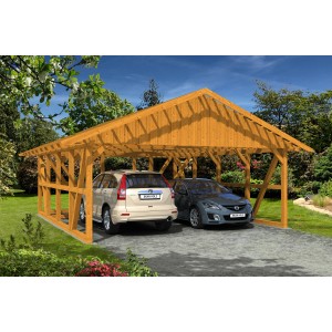 Skan Holz Carport Schwarzwald in Eiche mit zwei geparkten Autos unter dem Carport.