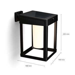 Eckige, schwarze Philips Solar-Wandleuchte Camill mit Maßen und Solarpanel.