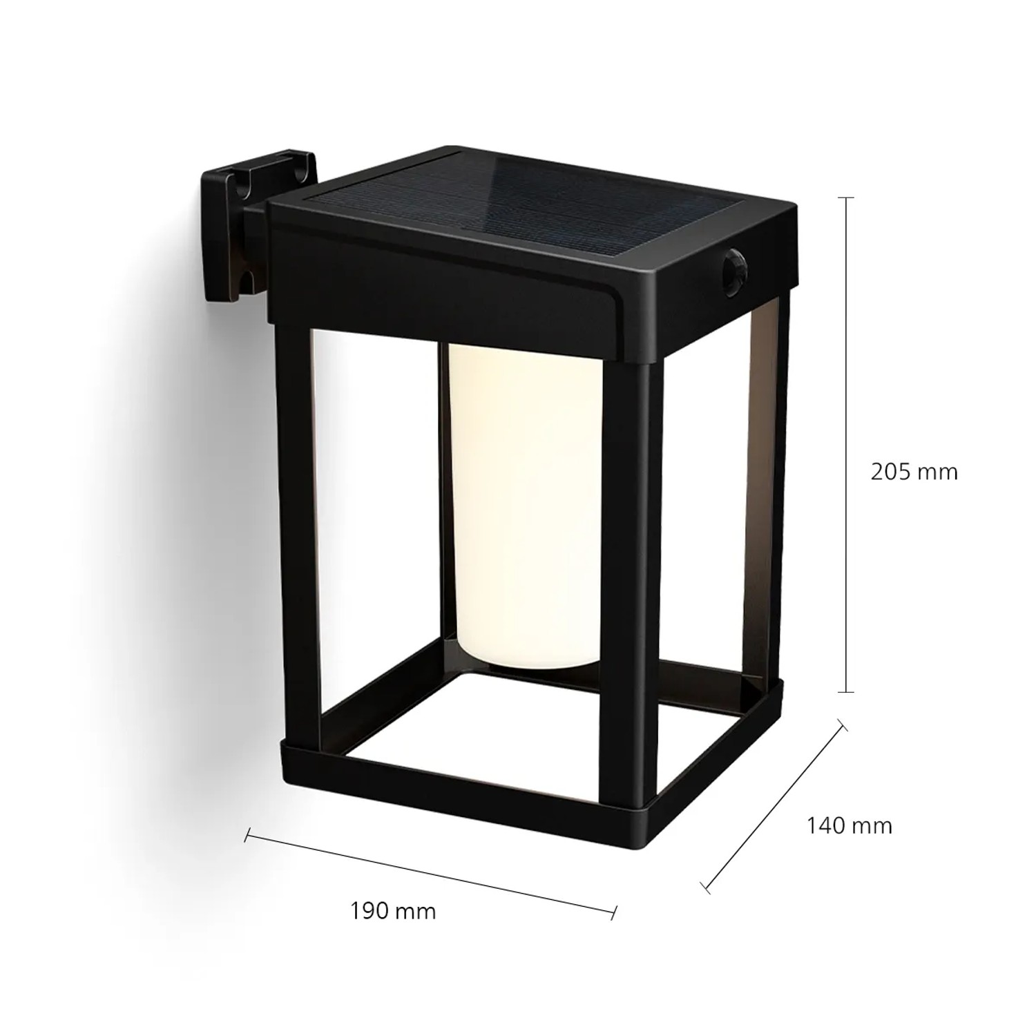 Eckige, schwarze Philips Solar-Wandleuchte Camill mit Maßen und Solarpanel.