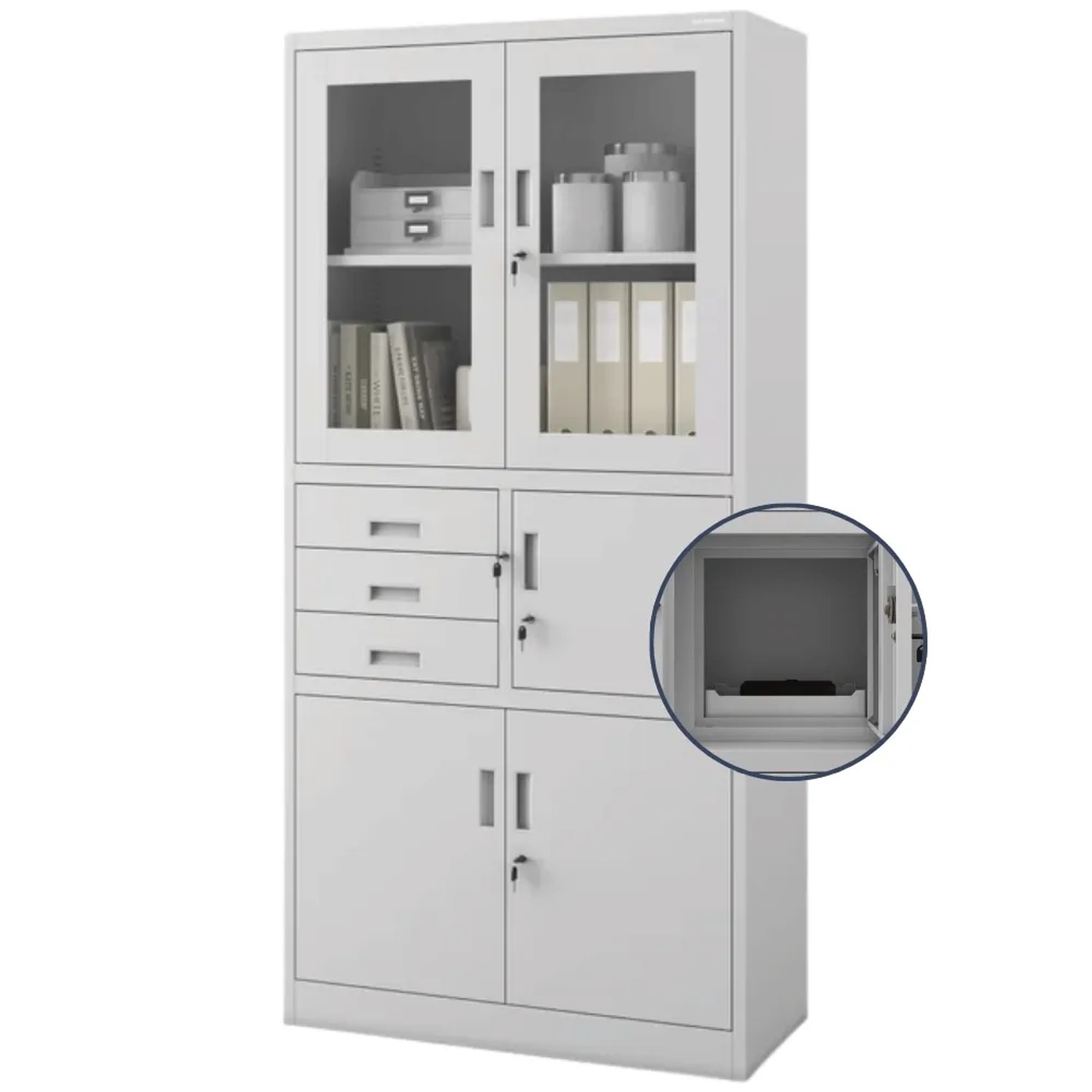 JAN NOWAK Vitrinenschrank Abschließbar FILIP mit Tresor 185 x 90 x 40 cm Grau