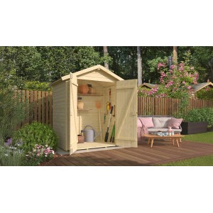 Weka Gerätehaus Mori mit Doppeltür, naturbelassen, im Garten mit Werkzeug und Regalen.