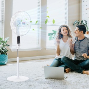 Weißer HOMCOM Standventilator mit Fernbedienung im Wohnraum mit Paar.