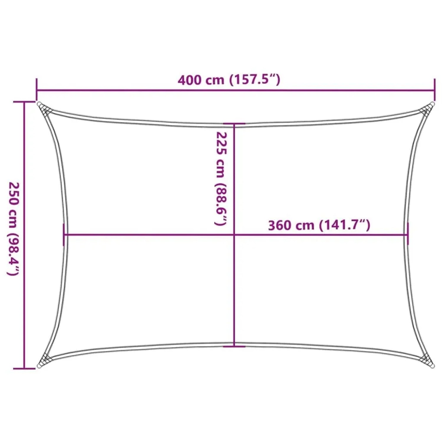 Maßdiagramm des rechteckigen vidaXL Sonnensegels in Hellgrau, 2,5x4 m, mit genauen Abmessungen.